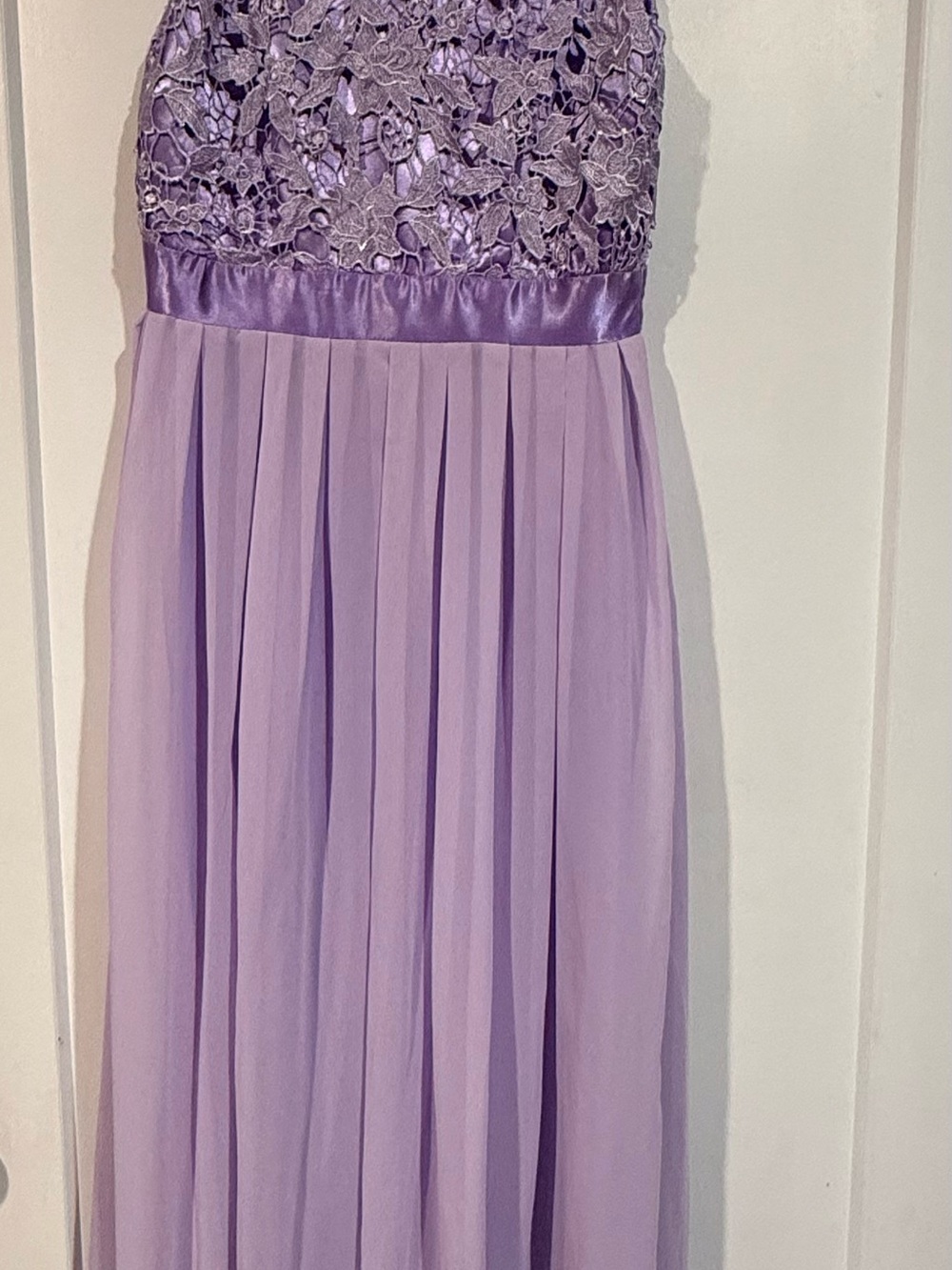 Lilac Lace Bodice Prom Dress with Satin Waist